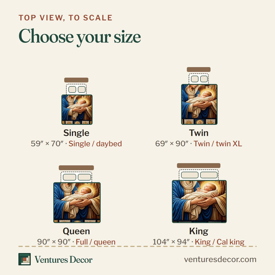Size guide for the Nativity Scene Christmas Decor quilt, top view to scale: Single 59 x 70 in, Twin 69 x 90 in, Queen 90 x 90 in, King 104 x 94 in