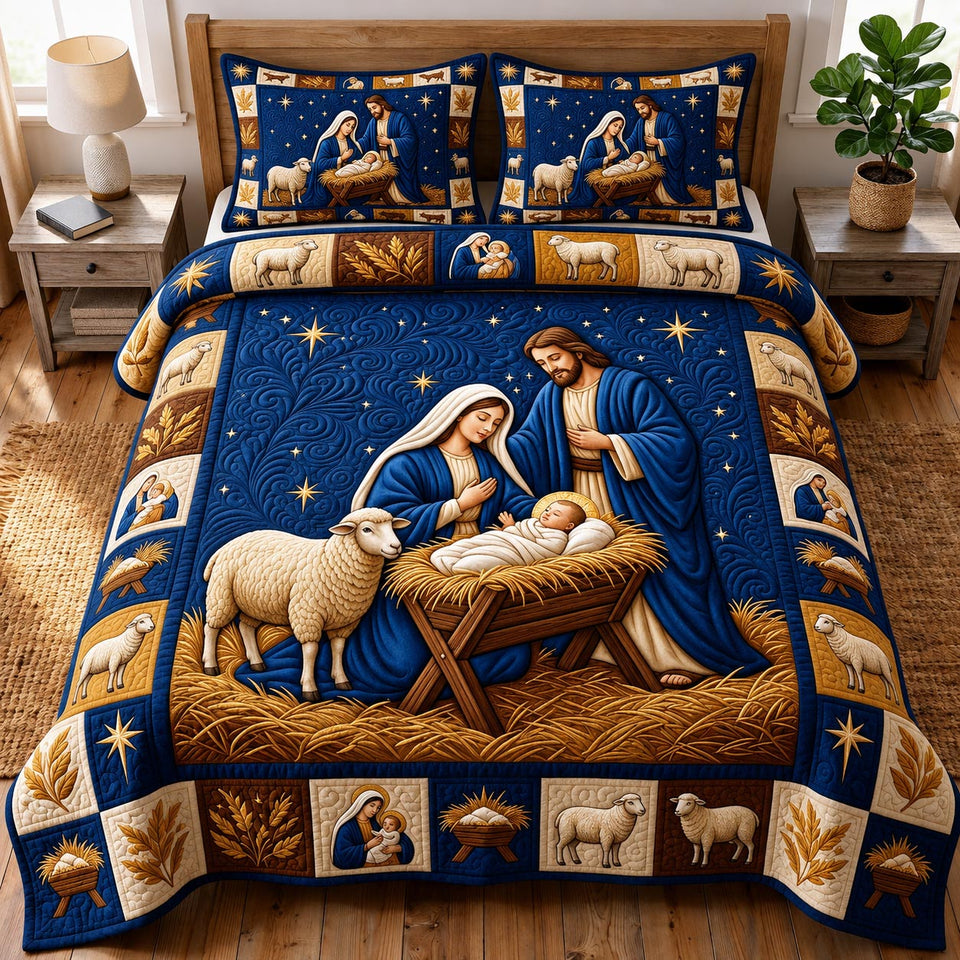 Nativity Scene Christmas Nativity quilted bedding set, quilt and two pillow shams on a made bed