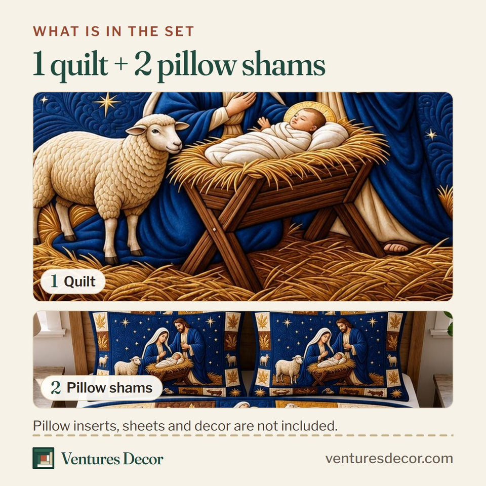 What is in the set: one quilt and two pillow shams, shown in the Nativity Scene Christmas Nativity design