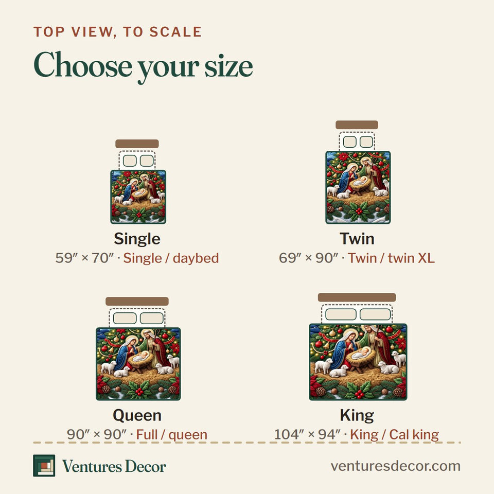 Size guide for the Nativity Tree quilt, top view to scale: Single 59 x 70 in, Twin 69 x 90 in, Queen 90 x 90 in, King 104 x 94 in