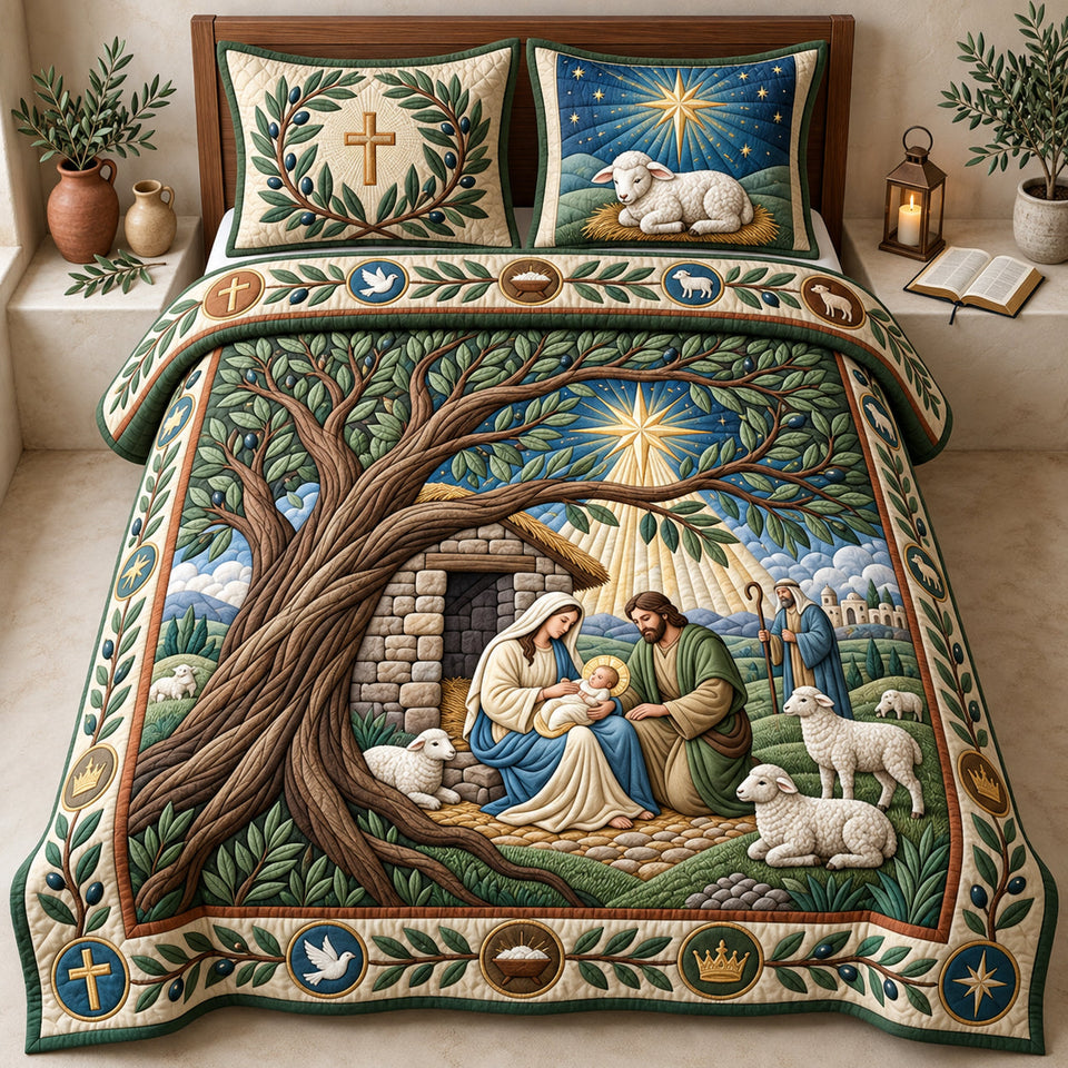 Nativity Under Olive Tree quilted bedding set, quilt and two pillow shams on a made bed