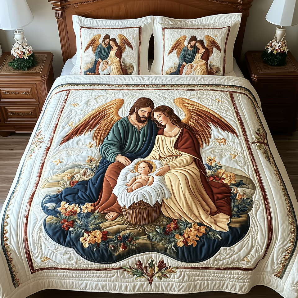 Nativity Winged Guardian Blooms quilted bedding set, quilt and two pillow shams on a made bed