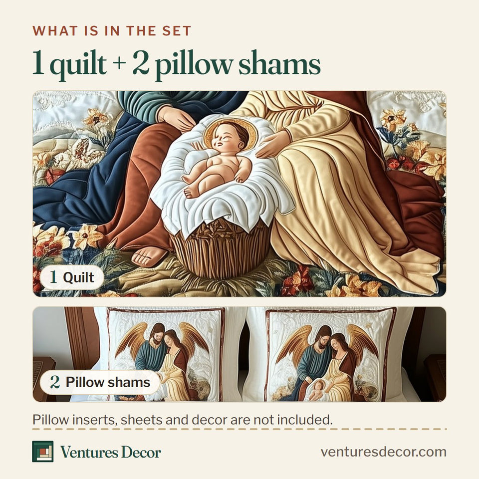 What is in the set: one quilt and two pillow shams, shown in the Nativity Winged Guardian Blooms design