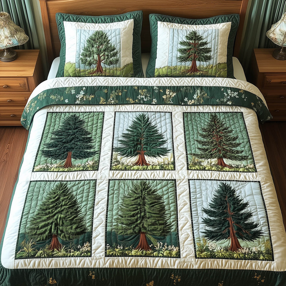 Nature Charm Pine Blocks in Deep Green quilted bedding set, quilt and two pillow shams on a made bed