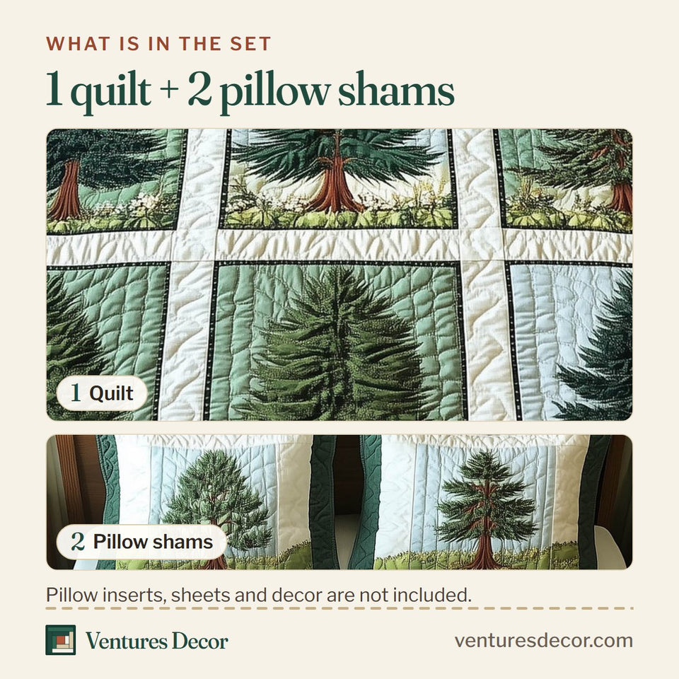 What is in the set: one quilt and two pillow shams, shown in the Nature Charm Pine Blocks in Deep Green design