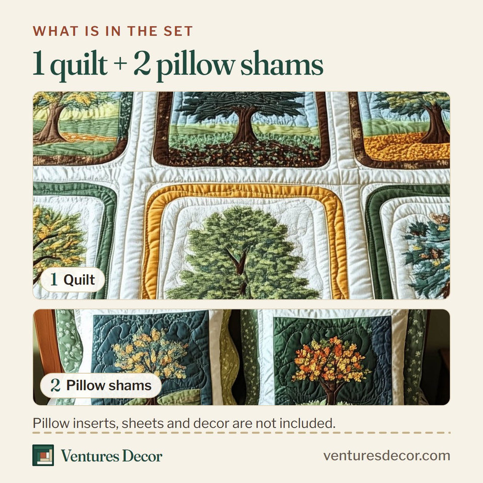 What is in the set: one quilt and two pillow shams, shown in the Nature Charm Six Trees in Gold Frames design