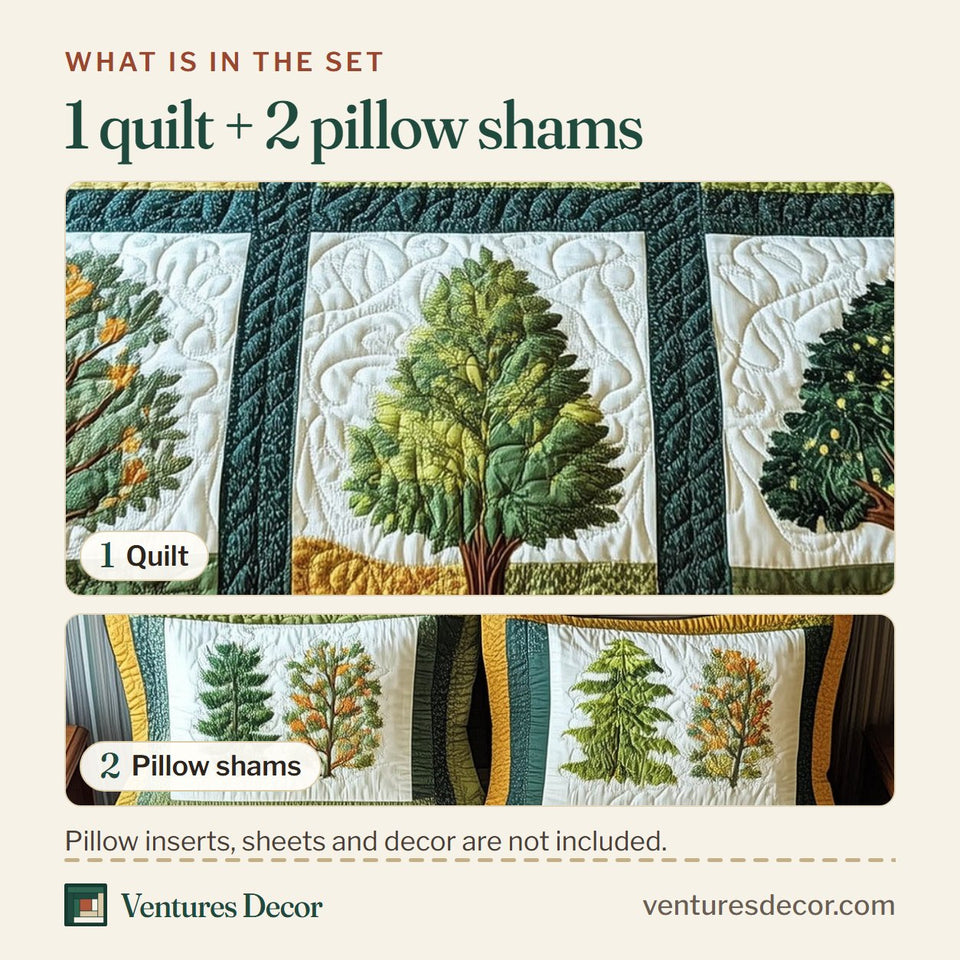 What is in the set: one quilt and two pillow shams, shown in the Nature Charm Trees Above Golden Fields design