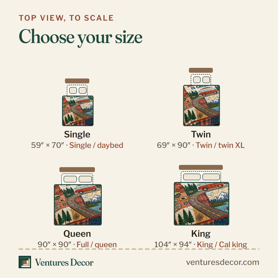 Size guide for the Nature Escape quilt, top view to scale: Single 59 x 70 in, Twin 69 x 90 in, Queen 90 x 90 in, King 104 x 94 in
