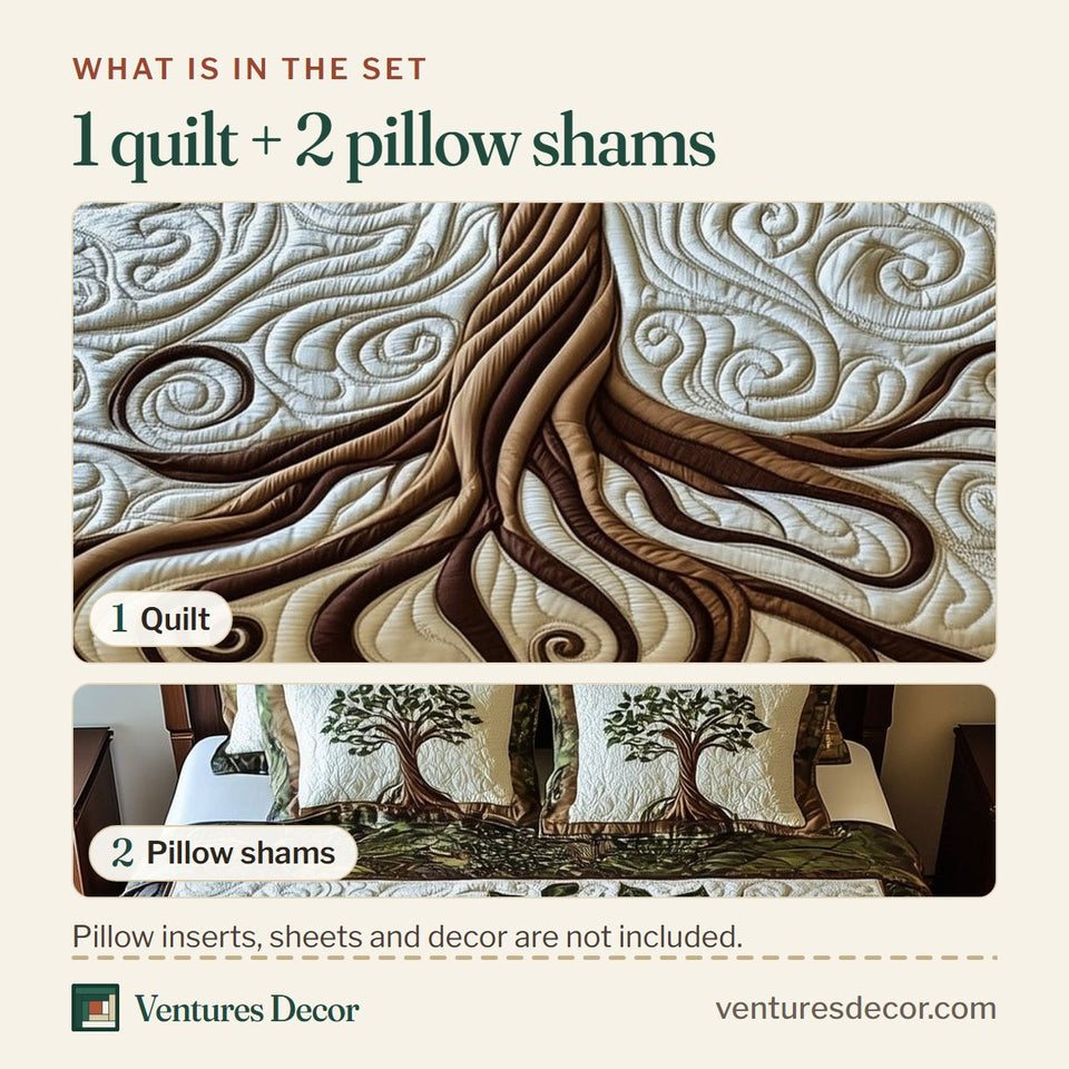 What is in the set: one quilt and two pillow shams, shown in the Nature Harmony Green Canopy Swirl Roots design