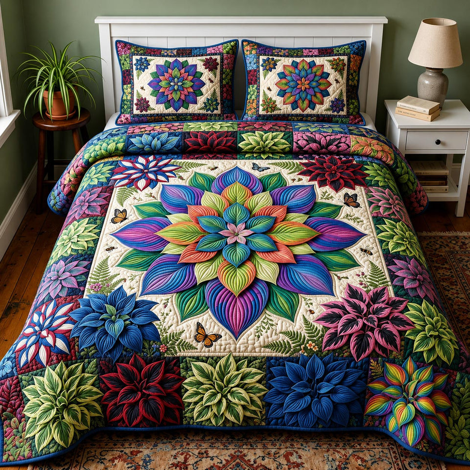 Nature Hosta quilted bedding set, quilt and two pillow shams on a made bed