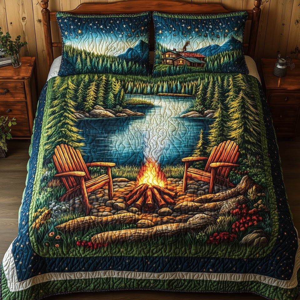 Nature Retreat Lakeside Three Chairs quilted bedding set, quilt and two pillow shams on a made bed