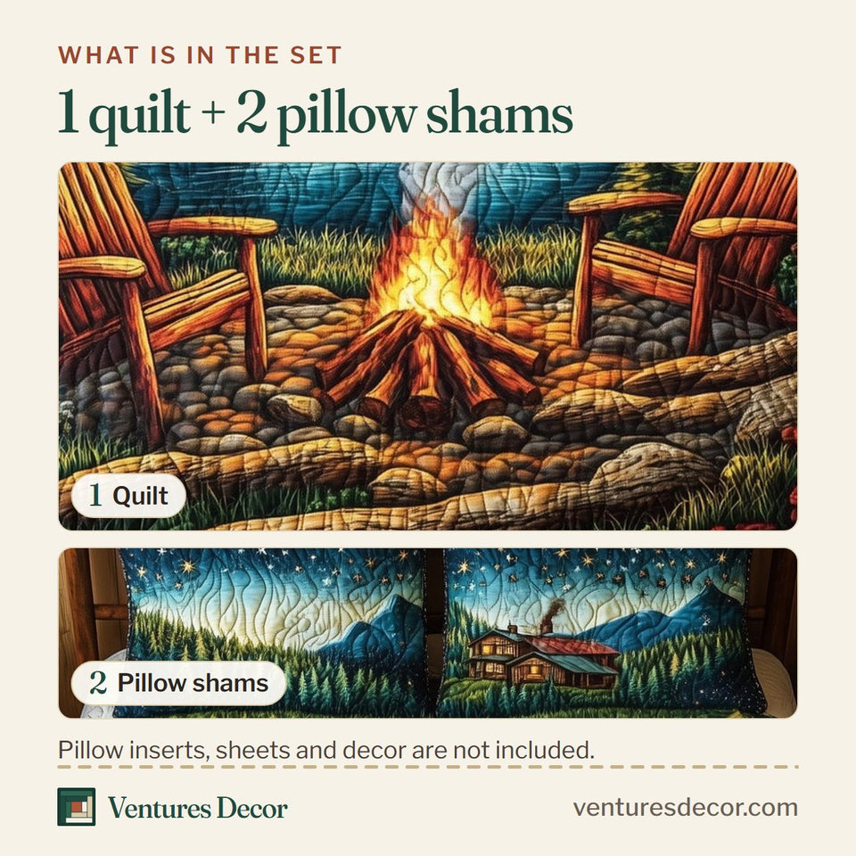 What is in the set: one quilt and two pillow shams, shown in the Nature Retreat Lakeside Three Chairs design