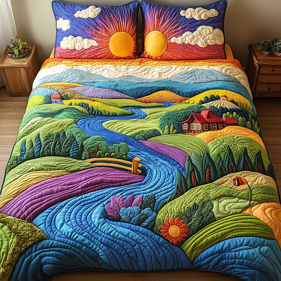 Nature's Symphony River at Sunset quilted bedding set, quilt and two pillow shams on a made bed