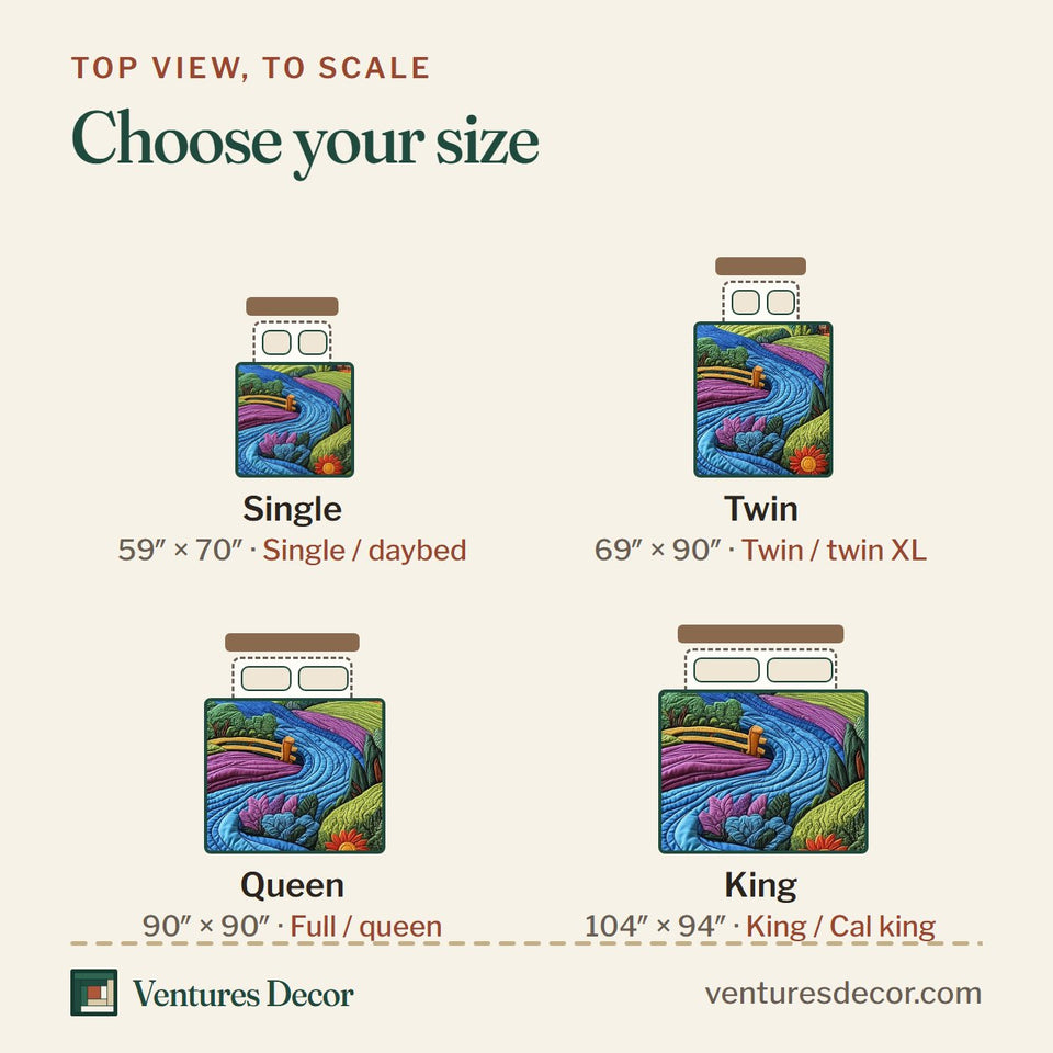 Size guide for the Nature's Symphony River at Sunset quilt, top view to scale: Single 59 x 70 in, Twin 69 x 90 in, Queen 90 x 90 in, King 104 x 94 in
