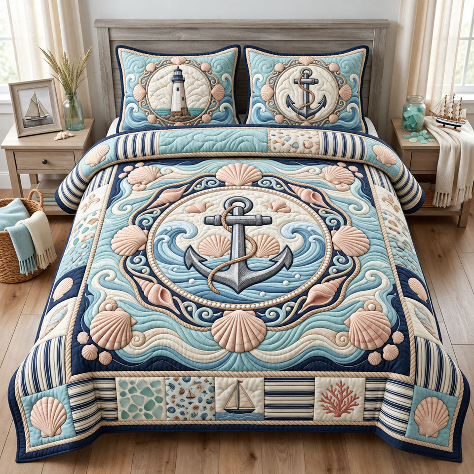 Nautical Anchor Aloha quilted bedding set, quilt and two pillow shams on a made bed