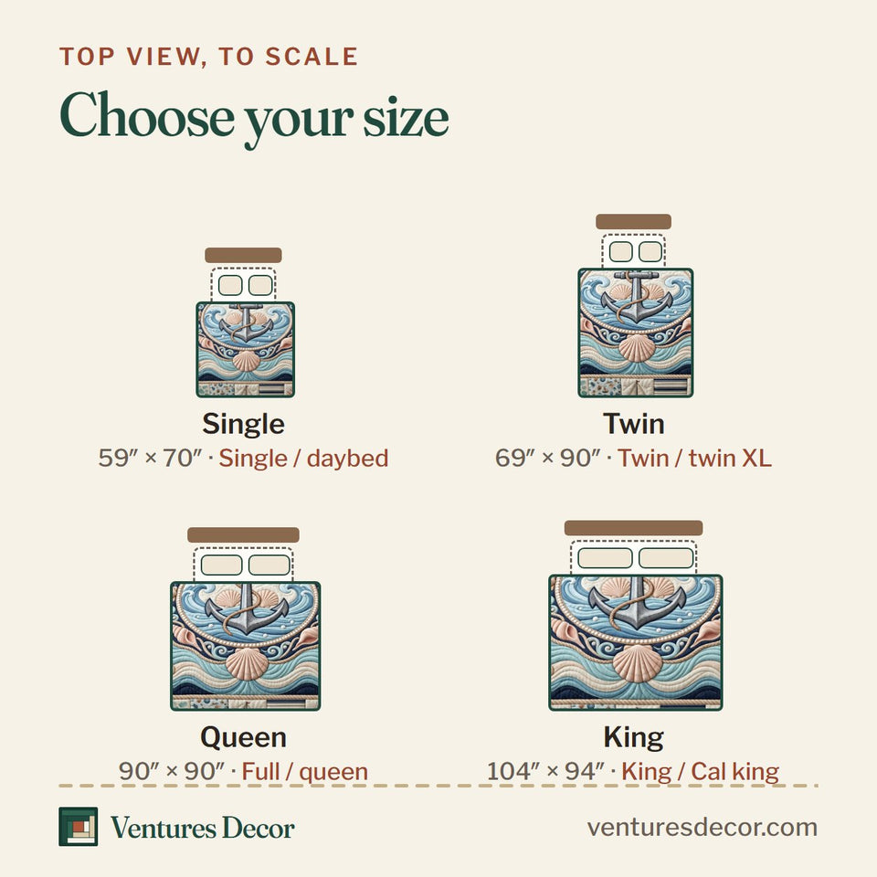Size guide for the Nautical Anchor Aloha quilt, top view to scale: Single 59 x 70 in, Twin 69 x 90 in, Queen 90 x 90 in, King 104 x 94 in