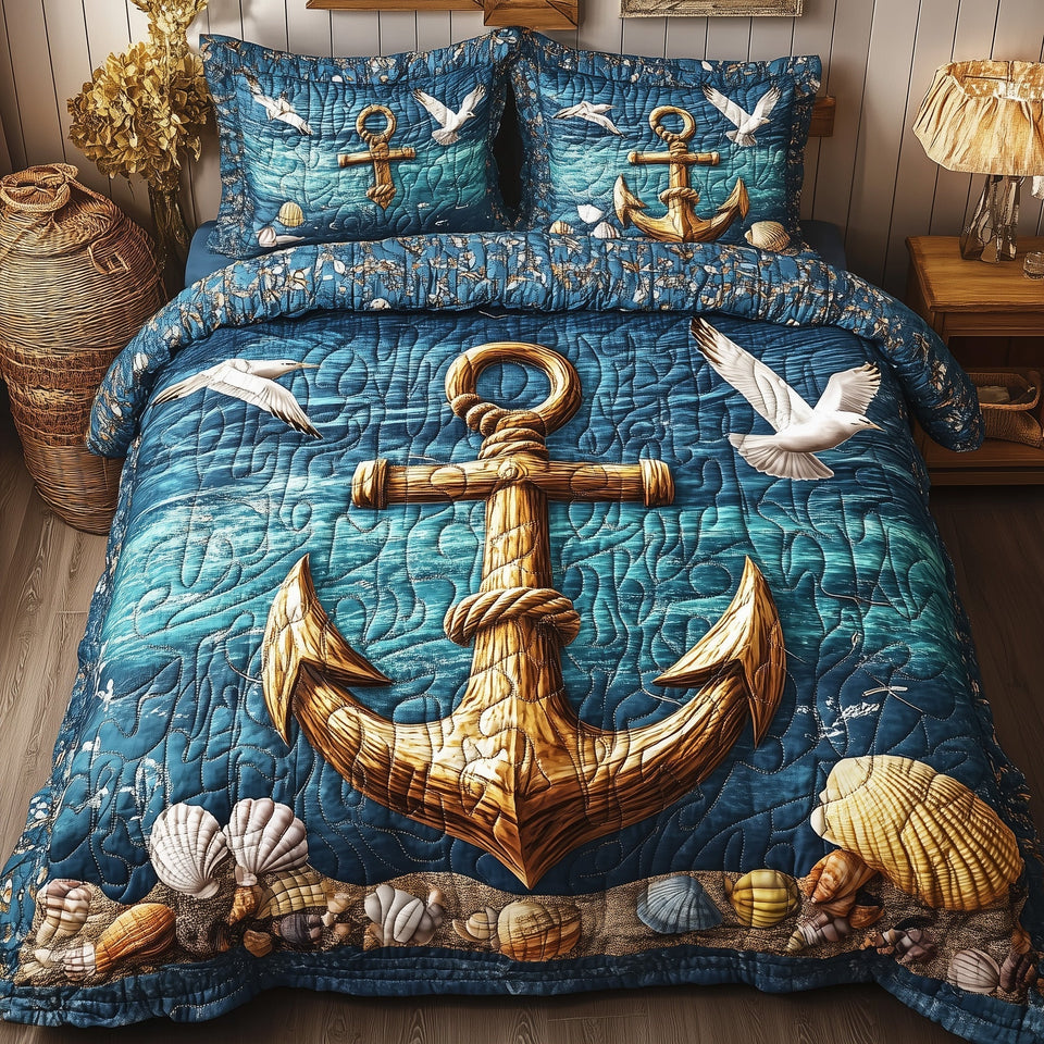 Nautical Anchor Brass on Deep Blue quilted bedding set, quilt and two pillow shams on a made bed