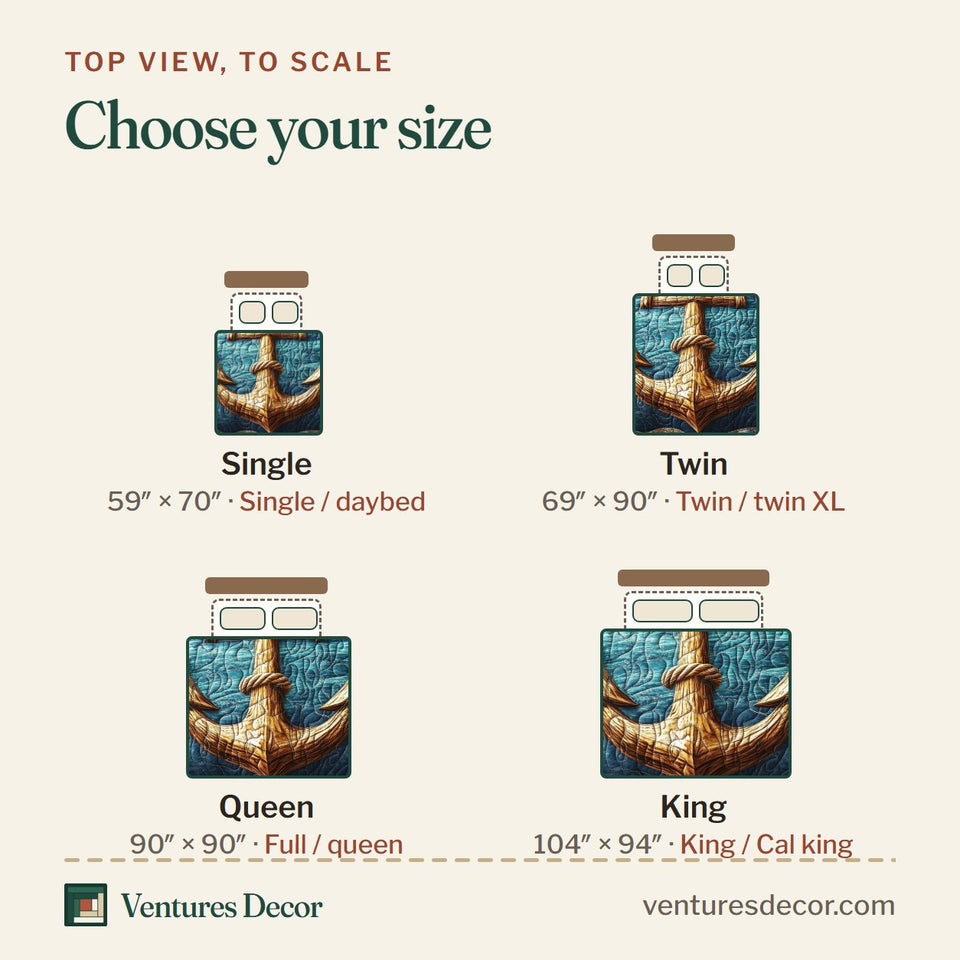 Size guide for the Nautical Anchor Brass on Deep Blue quilt, top view to scale: Single 59 x 70 in, Twin 69 x 90 in, Queen 90 x 90 in, King 104 x 94 in