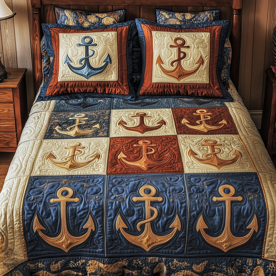 Nautical Anchor Patch Square Grid quilted bedding set, quilt and two pillow shams on a made bed