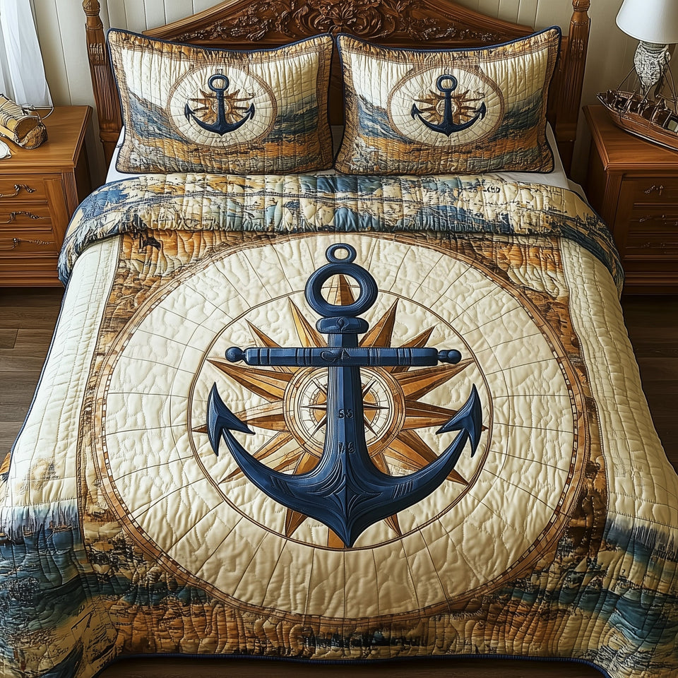 Nautical Anchor Rope Ring Medallion quilted bedding set, quilt and two pillow shams on a made bed