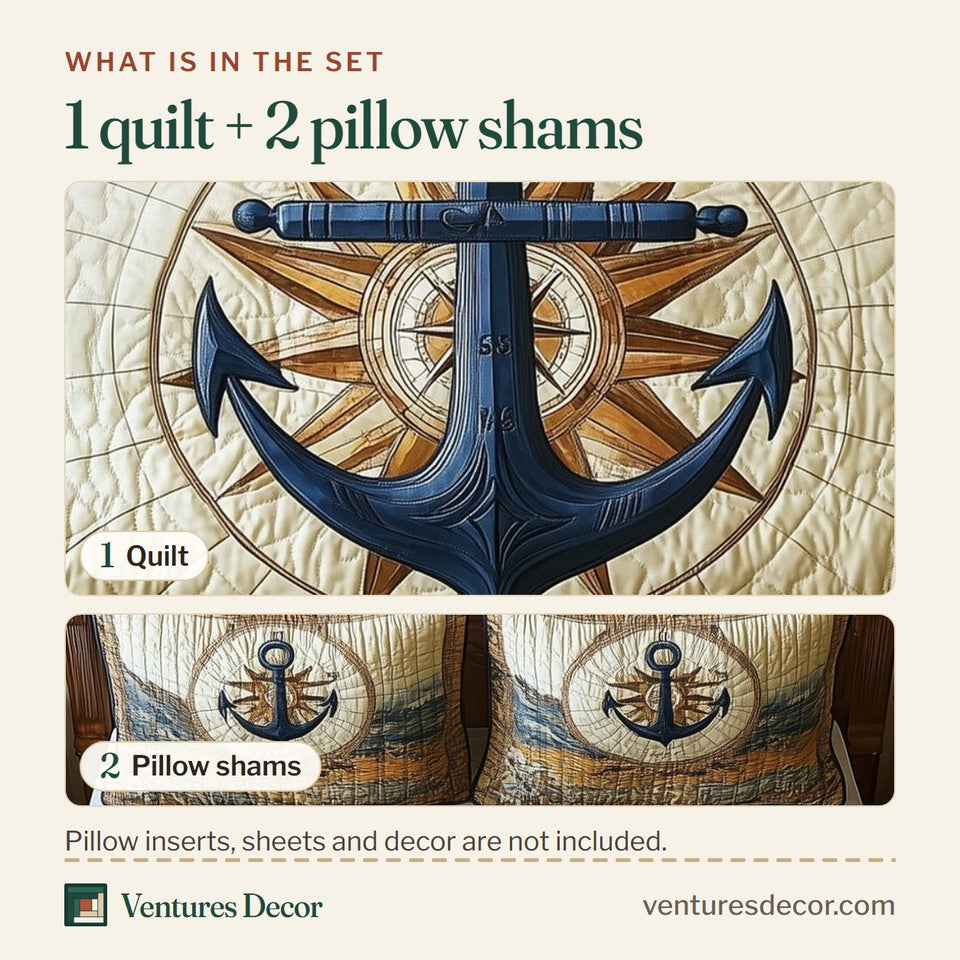 What is in the set: one quilt and two pillow shams, shown in the Nautical Anchor Rope Ring Medallion design