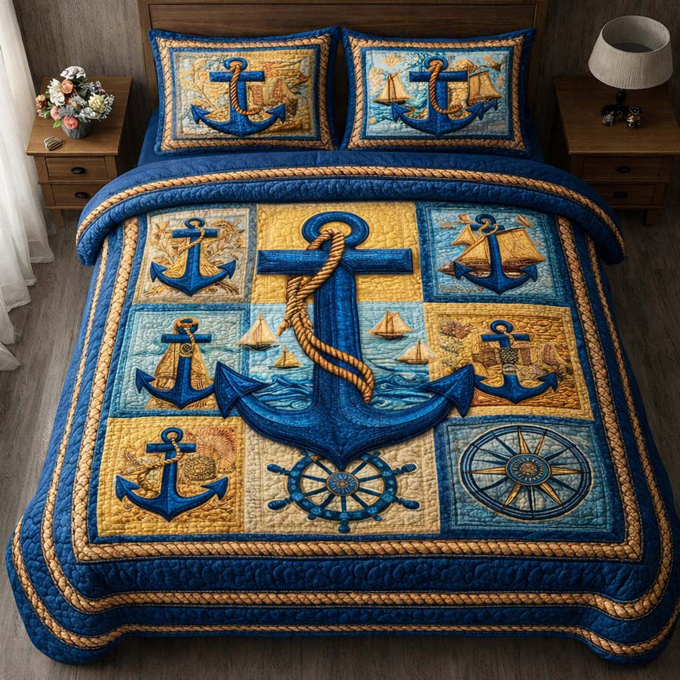 Nautical Anchor Rope Squares quilted bedding set, quilt and two pillow shams on a made bed