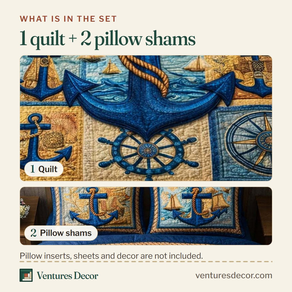What is in the set: one quilt and two pillow shams, shown in the Nautical Anchor Rope Squares design
