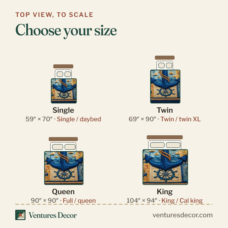 Size guide for the Nautical Anchor Rope Squares quilt, top view to scale: Single 59 x 70 in, Twin 69 x 90 in, Queen 90 x 90 in, King 104 x 94 in