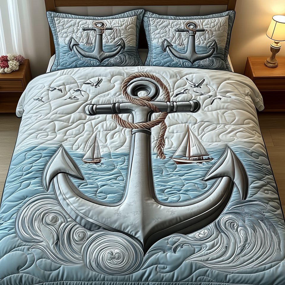 Nautical Anchor Silver Sailboat Tonal quilted bedding set, quilt and two pillow shams on a made bed