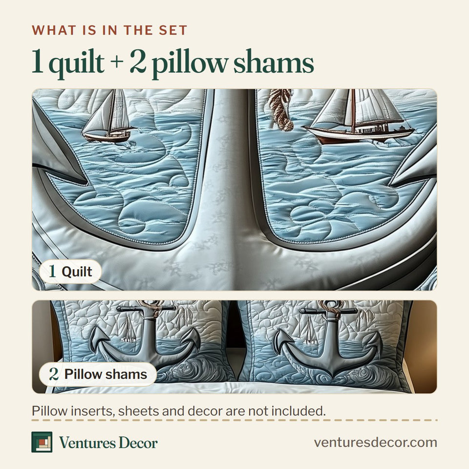 What is in the set: one quilt and two pillow shams, shown in the Nautical Anchor Silver Sailboat Tonal design