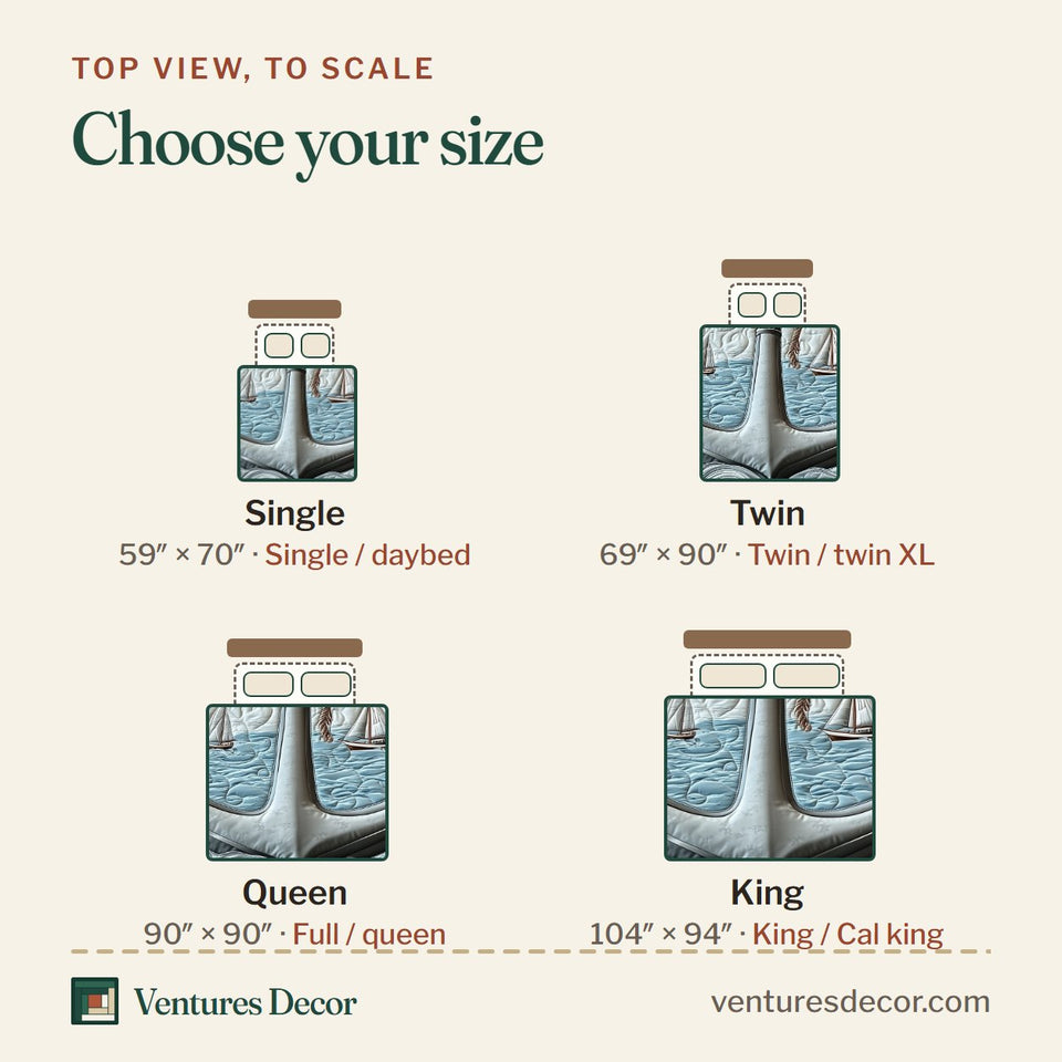Size guide for the Nautical Anchor Silver Sailboat Tonal quilt, top view to scale: Single 59 x 70 in, Twin 69 x 90 in, Queen 90 x 90 in, King 104 x 94 in