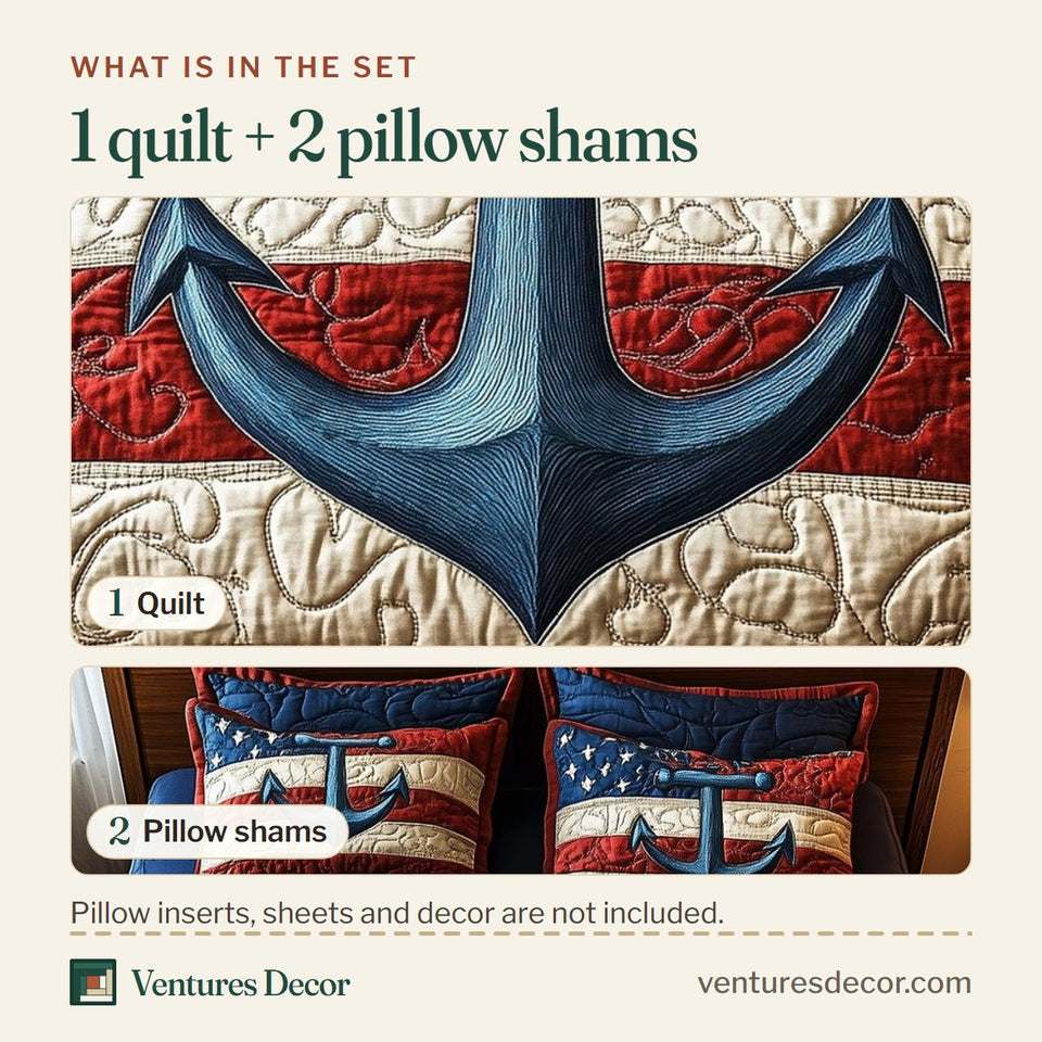 What is in the set: one quilt and two pillow shams, shown in the Nautical Anchor Stars and Stripes design
