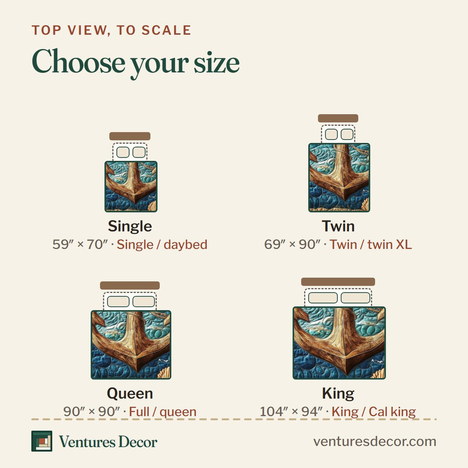 Size guide for the Nautical Anchor Teal Current Shells quilt, top view to scale: Single 59 x 70 in, Twin 69 x 90 in, Queen 90 x 90 in, King 104 x 94 in
