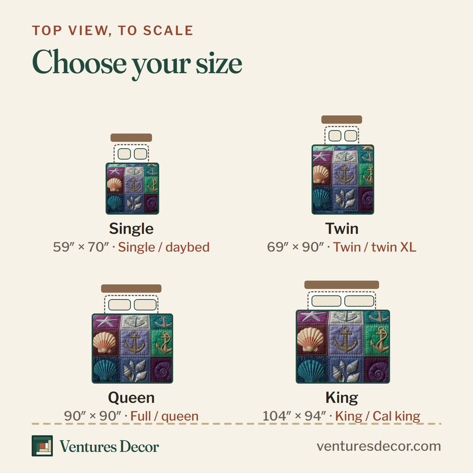 Size guide for the Nautical Anchor Teal Shell Squares quilt, top view to scale: Single 59 x 70 in, Twin 69 x 90 in, Queen 90 x 90 in, King 104 x 94 in