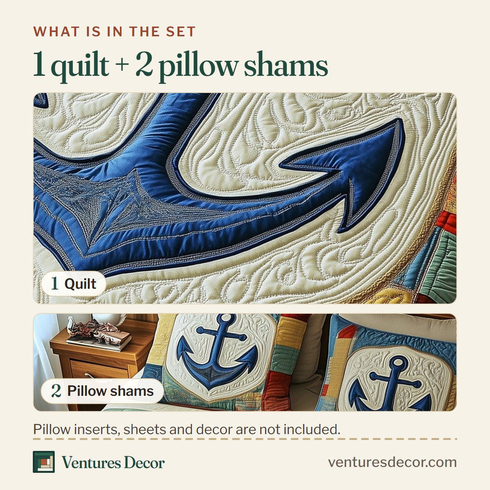 What is in the set: one quilt and two pillow shams, shown in the Nautical Anchor White Oval Stripes design