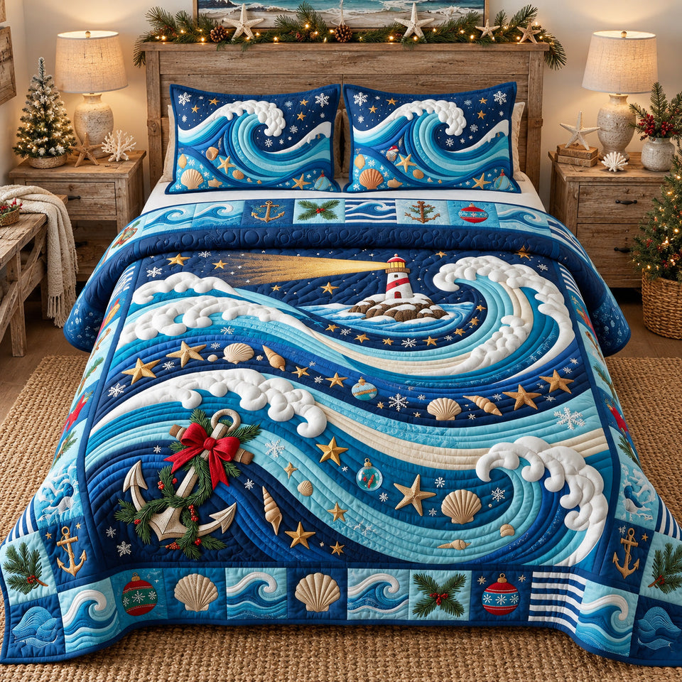 Nautical Christmas Waves quilted bedding set, quilt and two pillow shams on a made bed