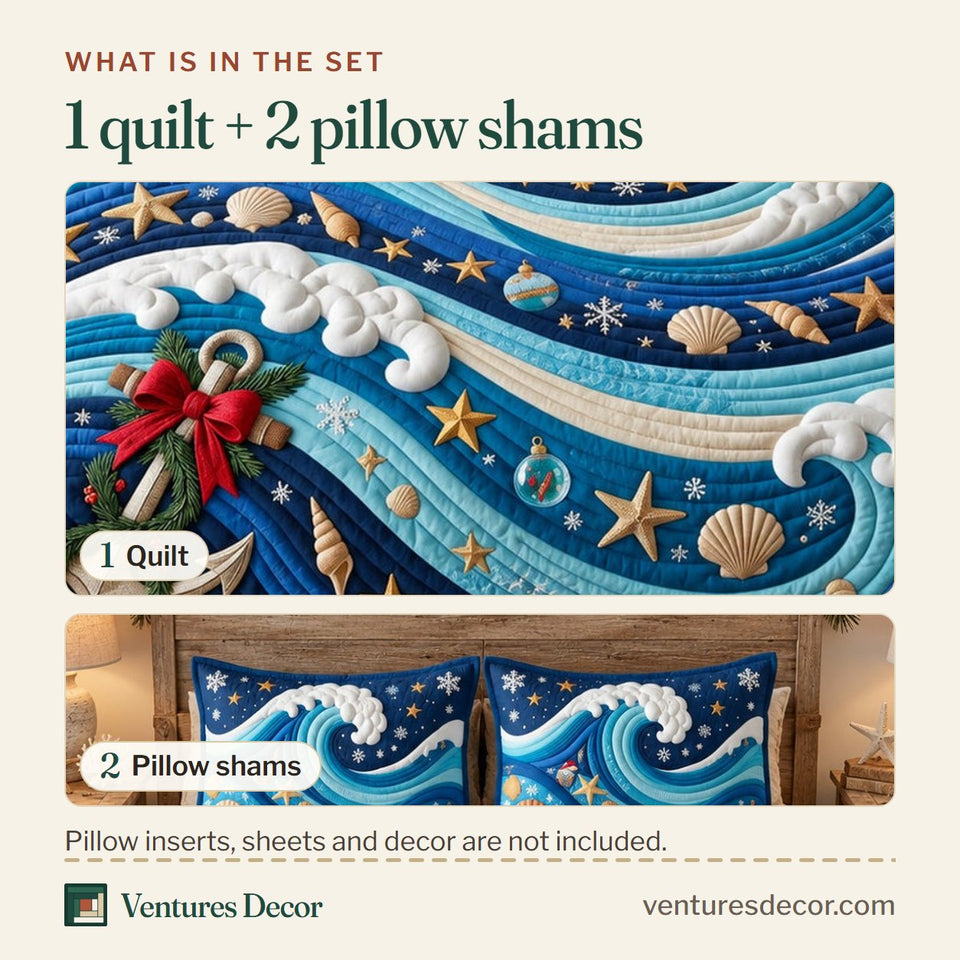 What is in the set: one quilt and two pillow shams, shown in the Nautical Christmas Waves Quilt Set, 3-Piece Quilted Bedding with 2 Pillow Shams design