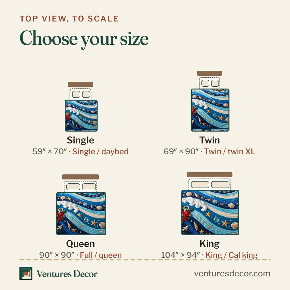 Size guide for the Nautical Christmas Waves Quilt Set, 3-Piece Quilted Bedding with 2 Pillow Shams quilt, top view to scale: Single 59 x 70 in, Twin 69 x 90 in, Queen 90 x 90 in, King 104 x 94 in
