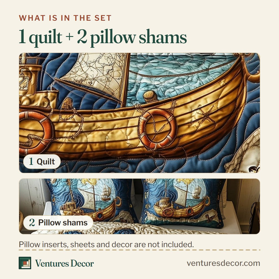 What is in the set: one quilt and two pillow shams, shown in the Nautical Golden Ship on Waves design