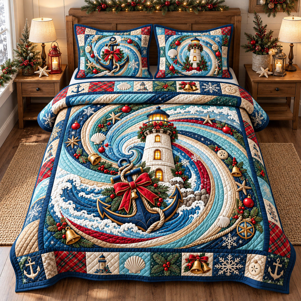 Nautical Holiday Beacon quilted bedding set, quilt and two pillow shams on a made bed