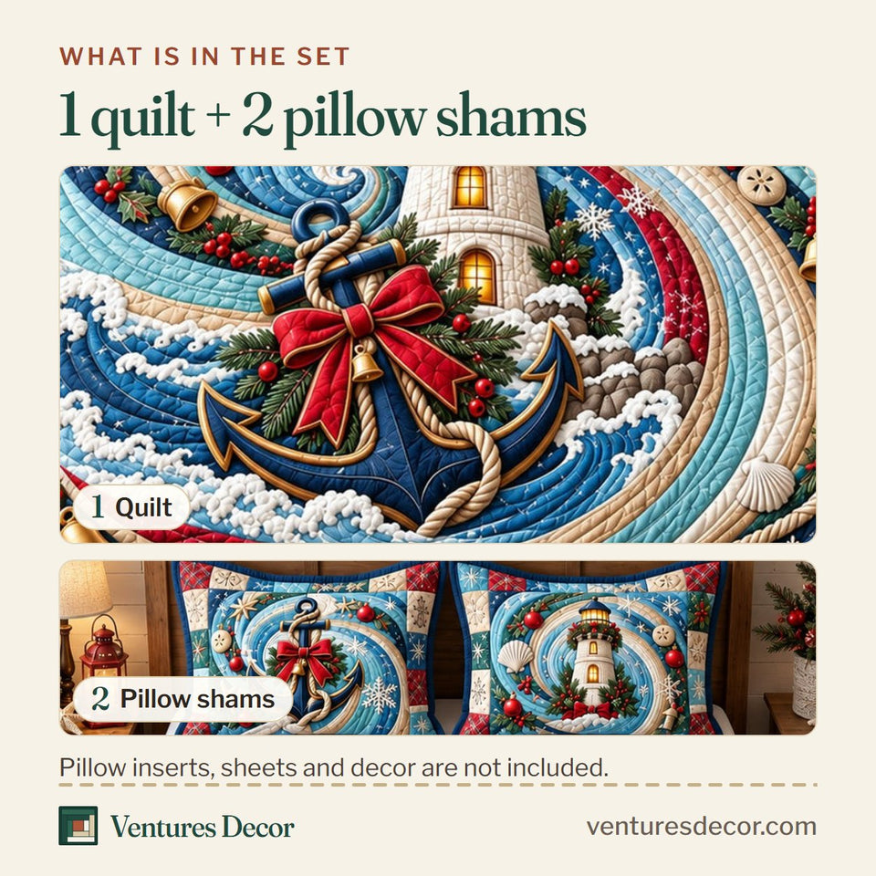 What is in the set: one quilt and two pillow shams, shown in the Nautical Holiday Beacon Quilt Set, 3-Piece Quilted Bedding with 2 Pillow Shams design