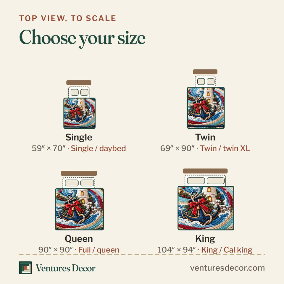 Size guide for the Nautical Holiday Beacon Quilt Set, 3-Piece Quilted Bedding with 2 Pillow Shams quilt, top view to scale: Single 59 x 70 in, Twin 69 x 90 in, Queen 90 x 90 in, King 104 x 94 in