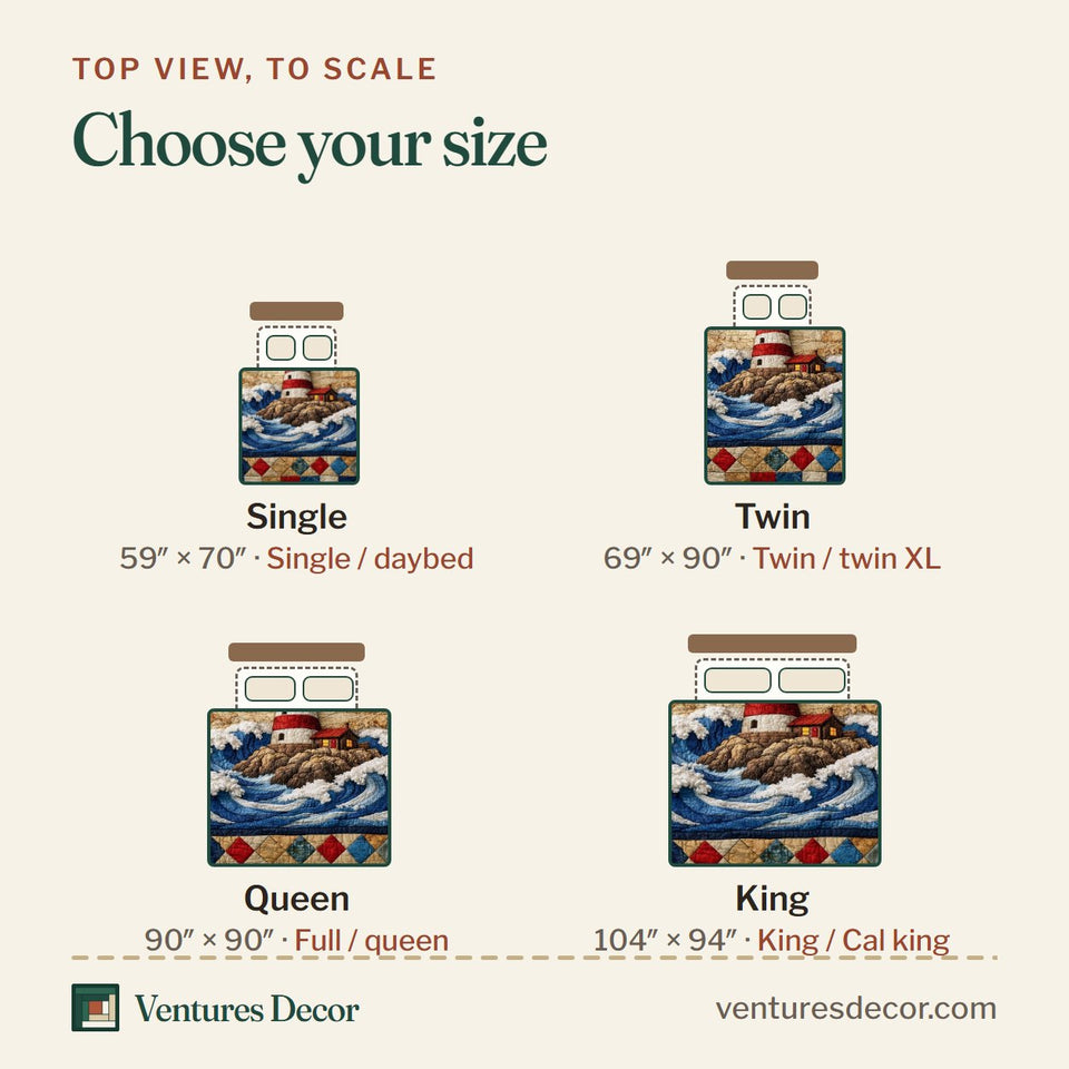 Size guide for the Nautical Lighthouse Diamond Patch Border quilt, top view to scale: Single 59 x 70 in, Twin 69 x 90 in, Queen 90 x 90 in, King 104 x 94 in