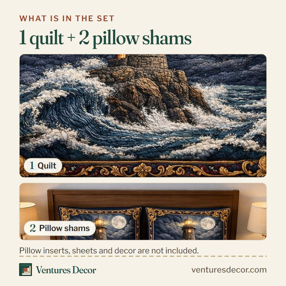 What is in the set: one quilt and two pillow shams, shown in the Nautical Lighthouse Golden Moon Frame design
