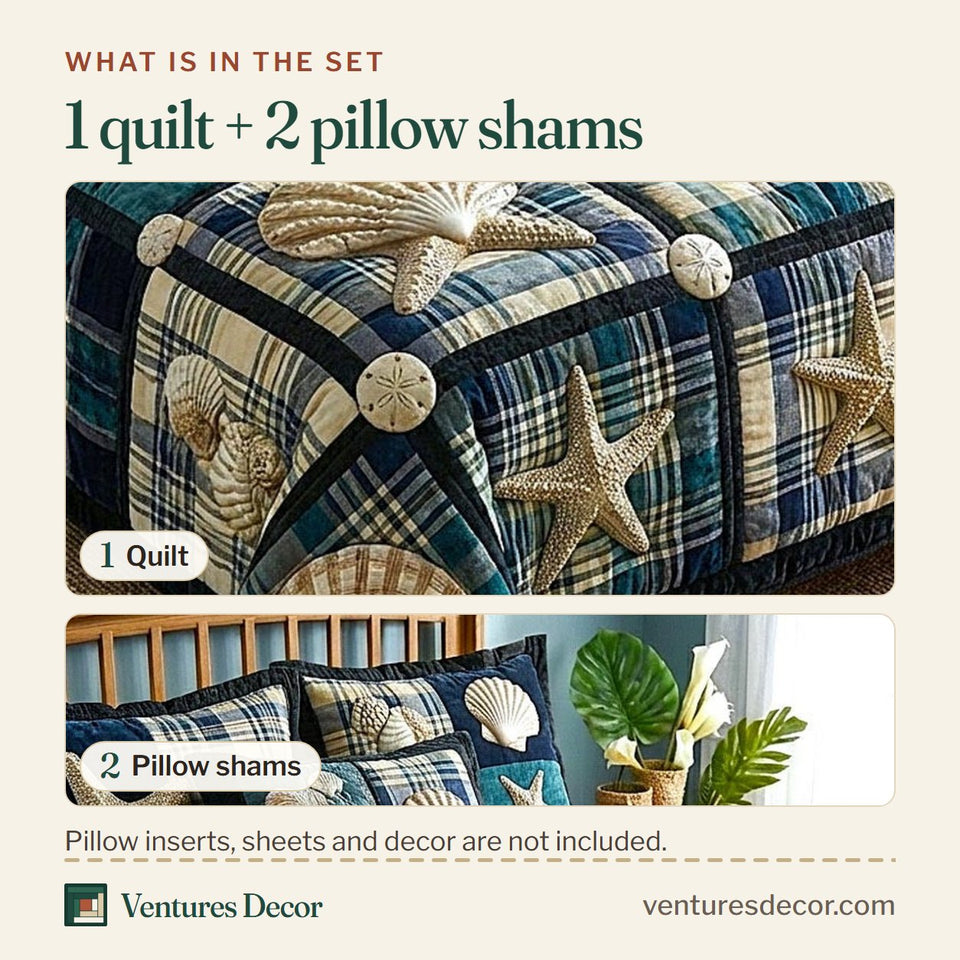 What is in the set: one quilt and two pillow shams, shown in the Nautical Plaid Shell Patch design