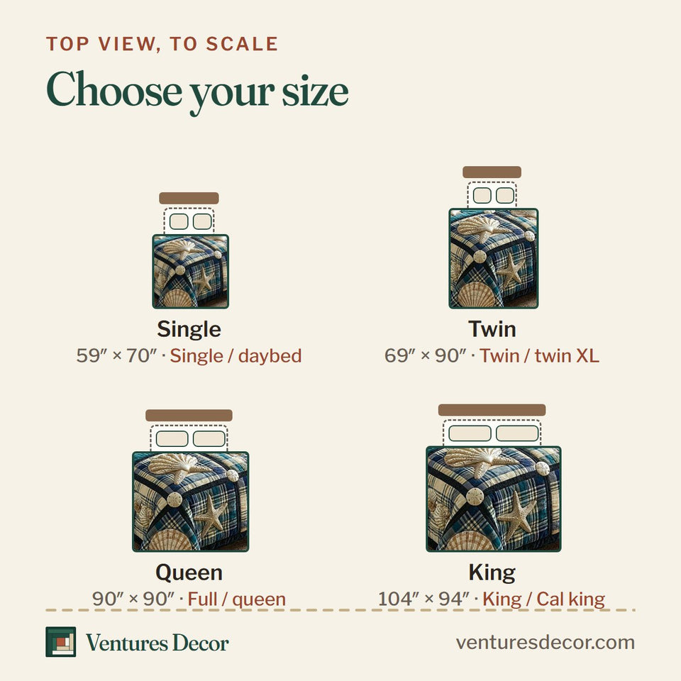 Size guide for the Nautical Plaid Shell Patch quilt, top view to scale: Single 59 x 70 in, Twin 69 x 90 in, Queen 90 x 90 in, King 104 x 94 in