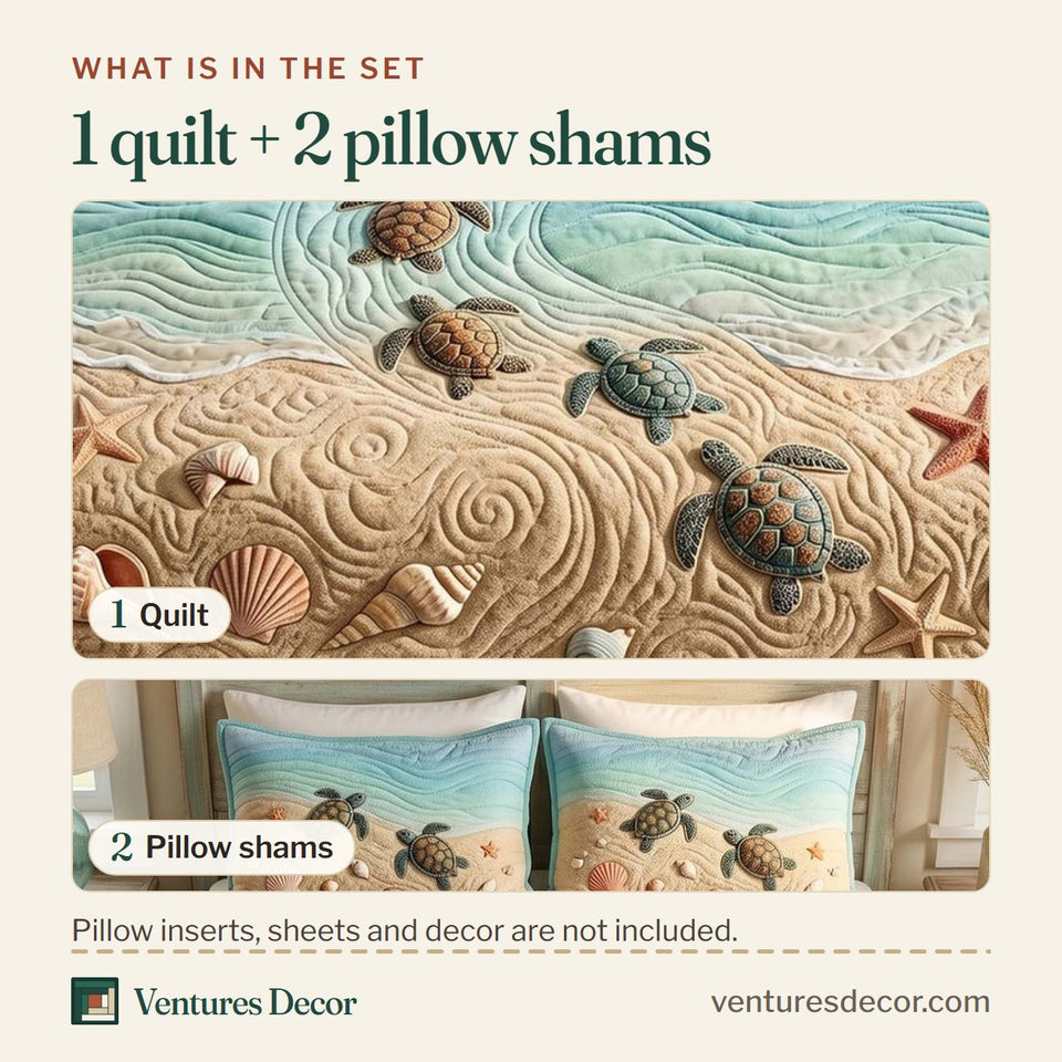 What is in the set: one quilt and two pillow shams, shown in the Nautical Turtle Patch design