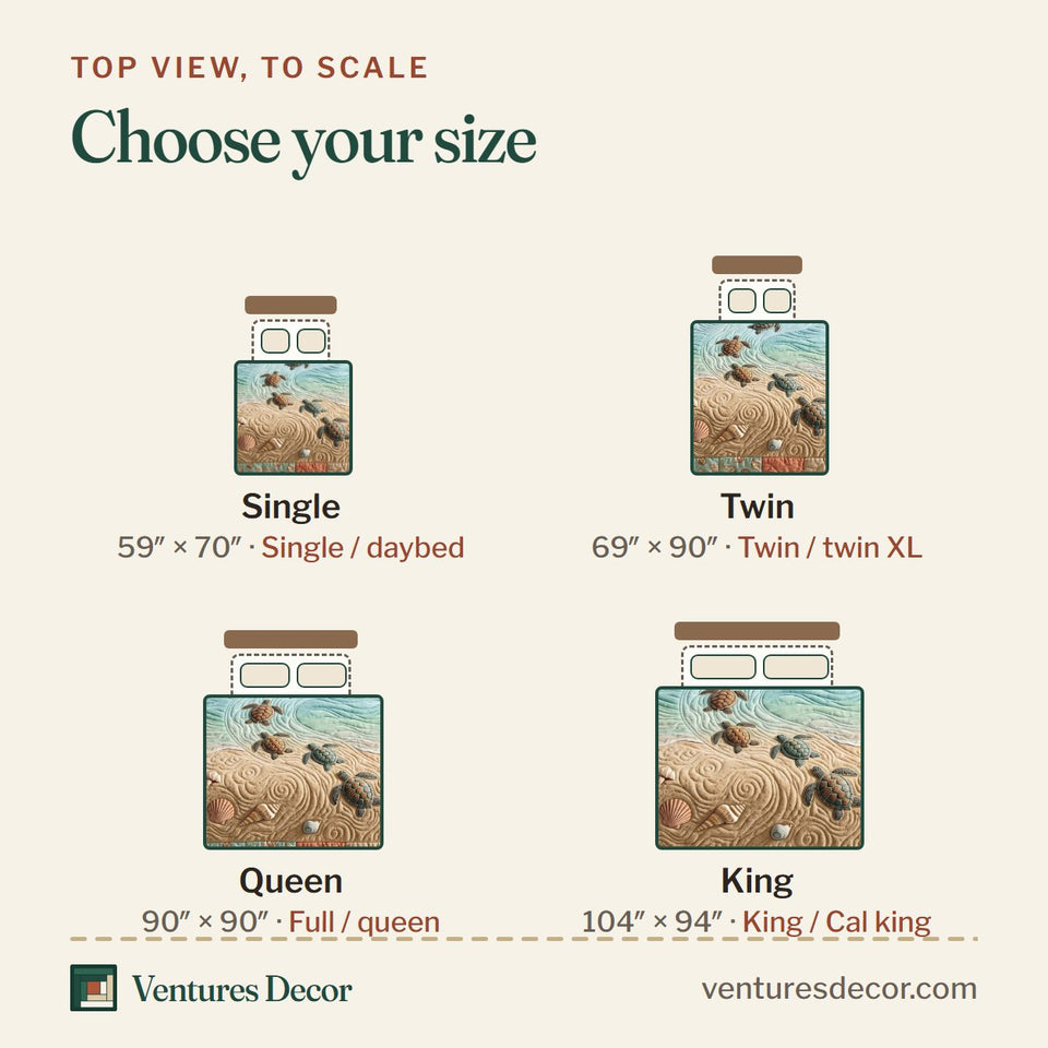 Size guide for the Nautical Turtle Patch quilt, top view to scale: Single 59 x 70 in, Twin 69 x 90 in, Queen 90 x 90 in, King 104 x 94 in