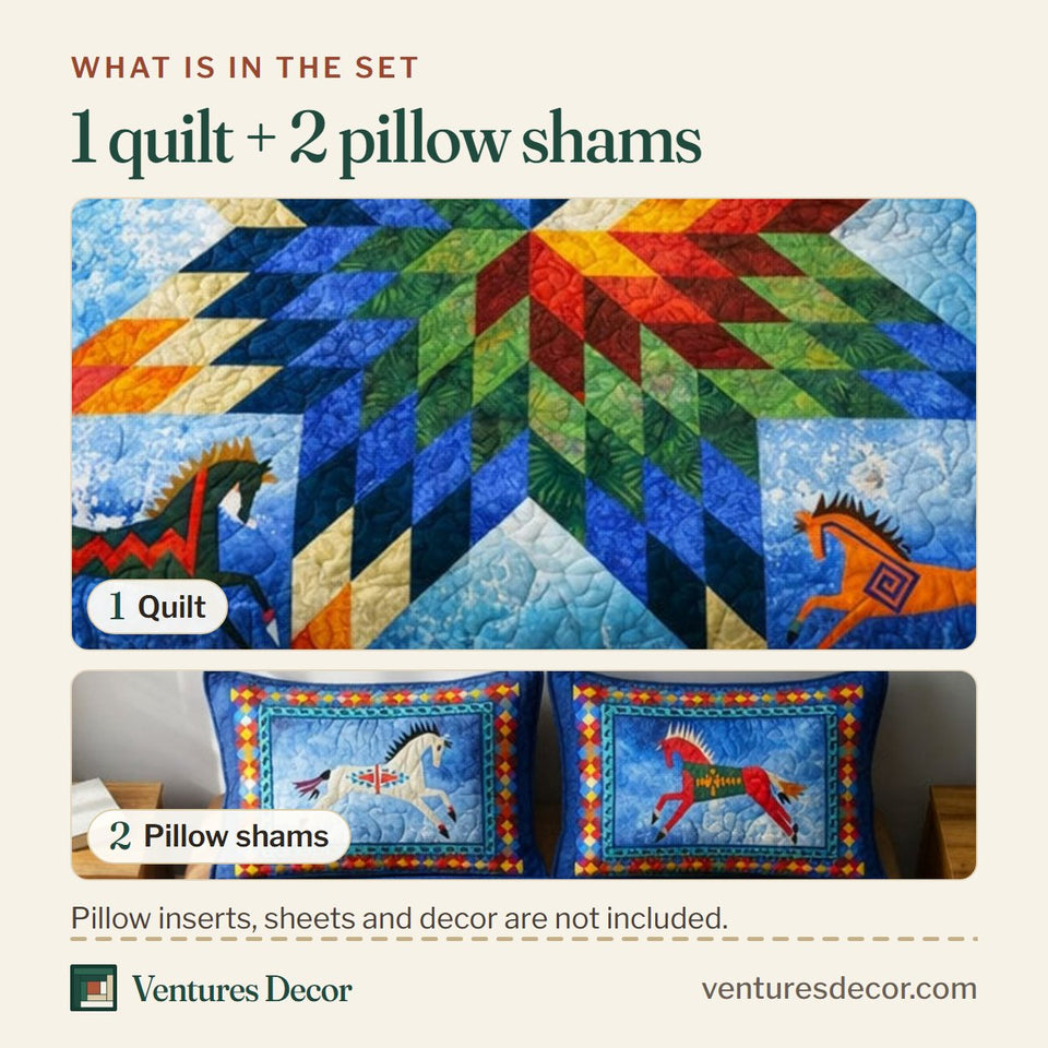 What is in the set: one quilt and two pillow shams, shown in the Navetive Horse design