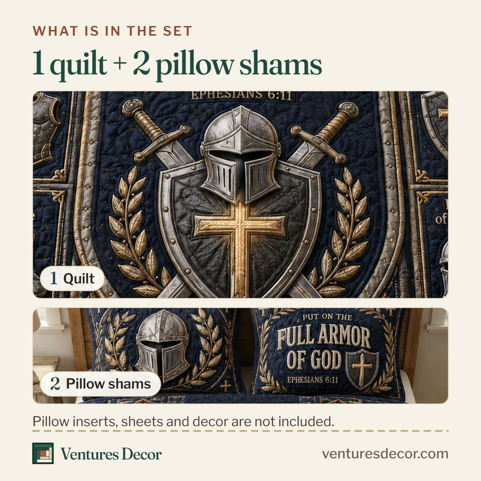 What is in the set: one quilt and two pillow shams, shown in the Navy Armor Faith design